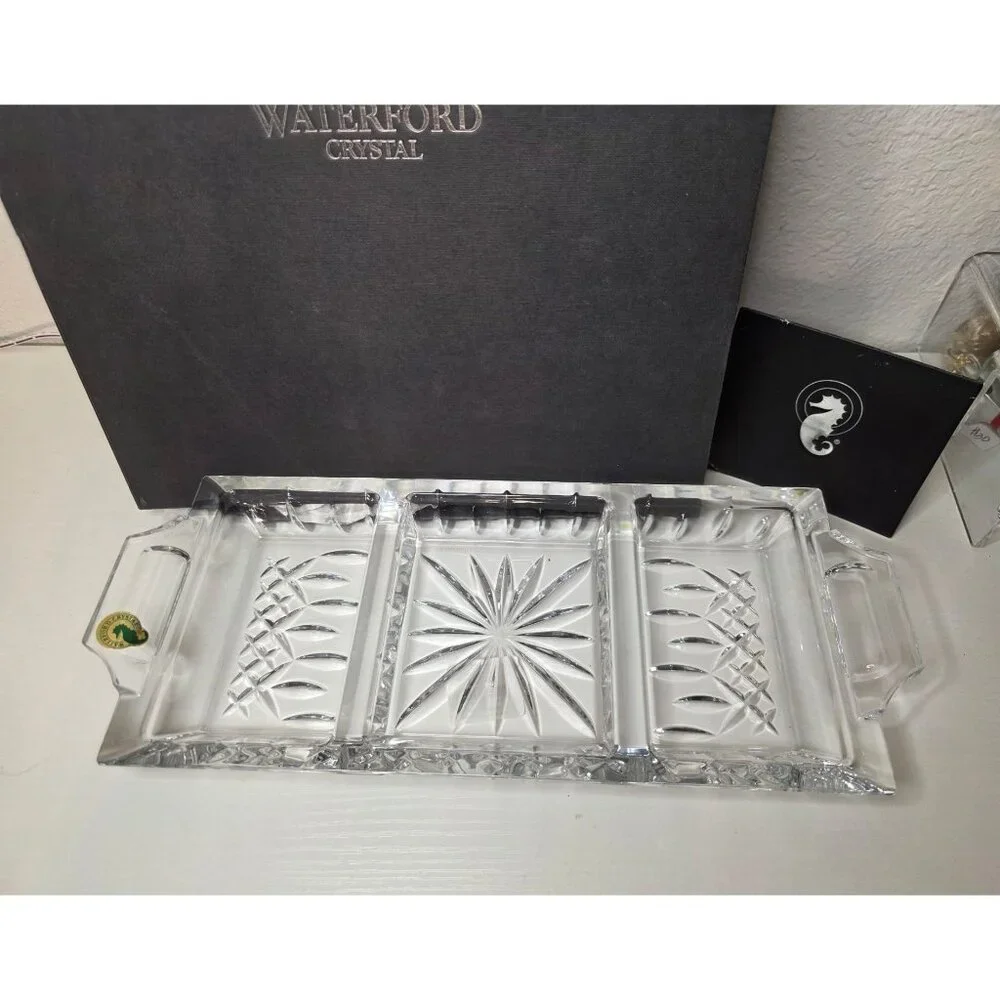 New Waterford Crystal Lismore 3-Part Handled Serving Tray with Box